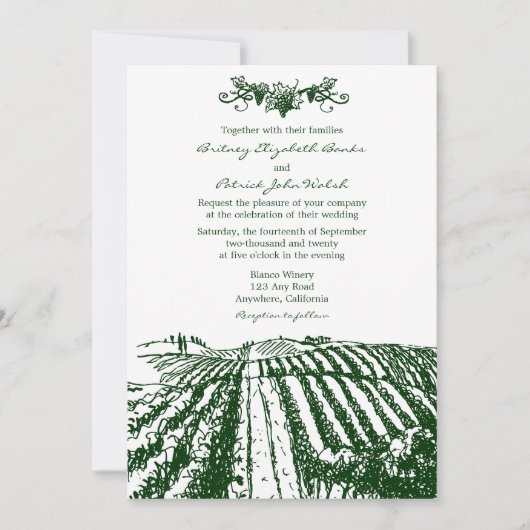 Invitations toscanes vertes de mariage de vignoble (Devant)