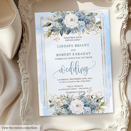 Invitations traditionnels Dusty Blue White Gold Fl