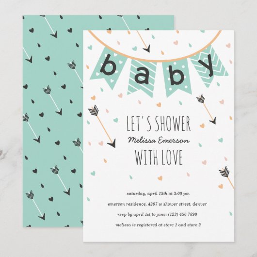 Invitations Tribal Baby Shower | Menthe neutre (Devant / Derrière)