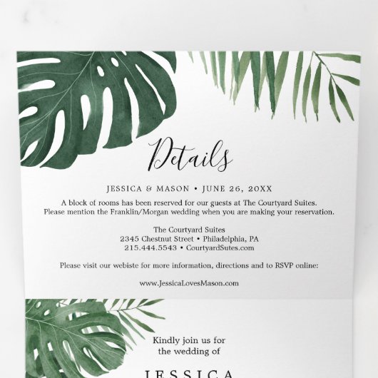 Invitations Tropical Monstera Mariage Tri-Fold (Intérieur en premier)