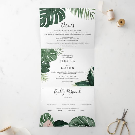 Invitations Tropical Monstera Mariage Tri-Fold (Intérieur)
