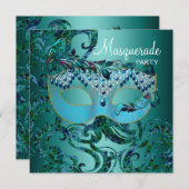 Invitations turquoise Blue Masquerade Party (Devant / Derrière)