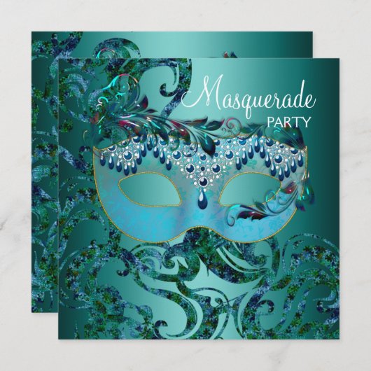 Invitations turquoise Blue Masquerade Party (Devant / Derrière)
