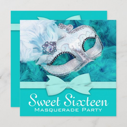 Invitations turquoise Blue Masquerade Party (Devant / Derrière)