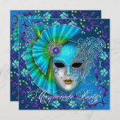 Invitations turquoise Blue Masquerade Party (Devant / Derrière)