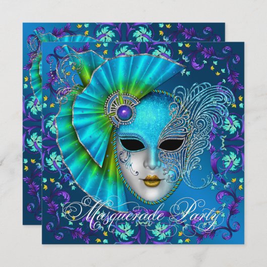 Invitations turquoise Blue Masquerade Party (Devant / Derrière)