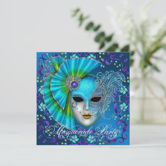 Invitations turquoise Blue Masquerade Party (Debout devant)