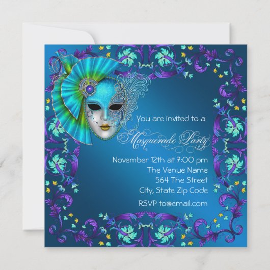 Invitations turquoise Blue Masquerade Party (Dos)