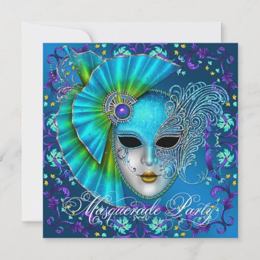 Invitations turquoise Blue Masquerade Party (Devant)