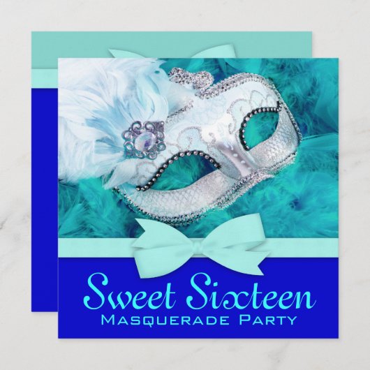 Invitations turquoise Blue Masquerade Party (Devant / Derrière)
