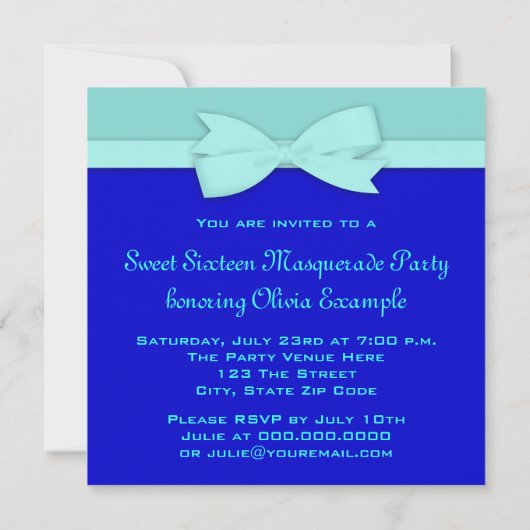 Invitations turquoise Blue Masquerade Party (Dos)