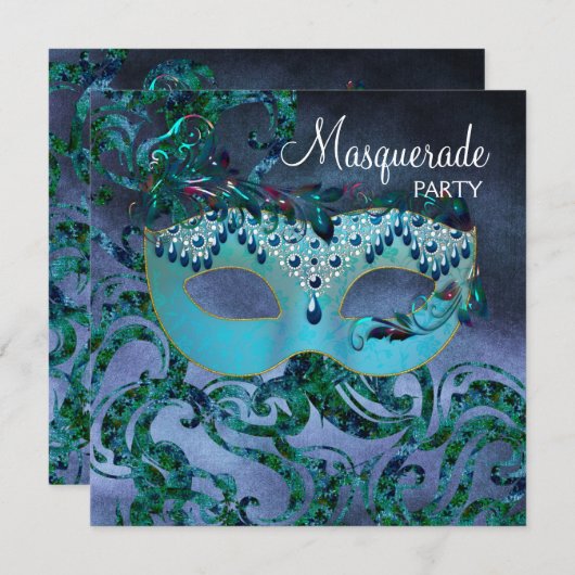 Invitations Turquoise Blue Masquerade Party (Devant / Derrière)