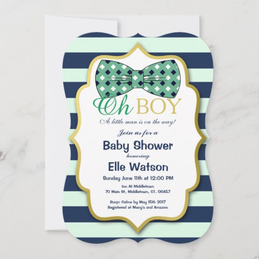 Invitations turquoise et Navy Bowtie Baby Shower (Devant)