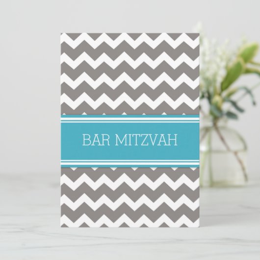 Invitations turquoise Grey Chevron Bar Mitzvah (Debout devant)