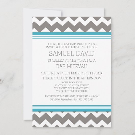 Invitations turquoise Grey Chevron Bar Mitzvah (Dos)