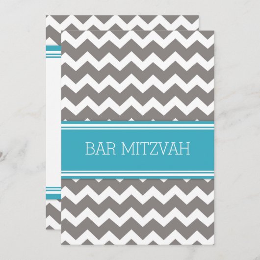 Invitations turquoise Grey Chevron Bar Mitzvah (Devant / Derrière)