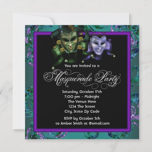 Invitations turquoise Purple Masquerade Party (Dos)