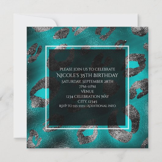 Invitations turquoise & Silver Empreinte de léopar (Devant)