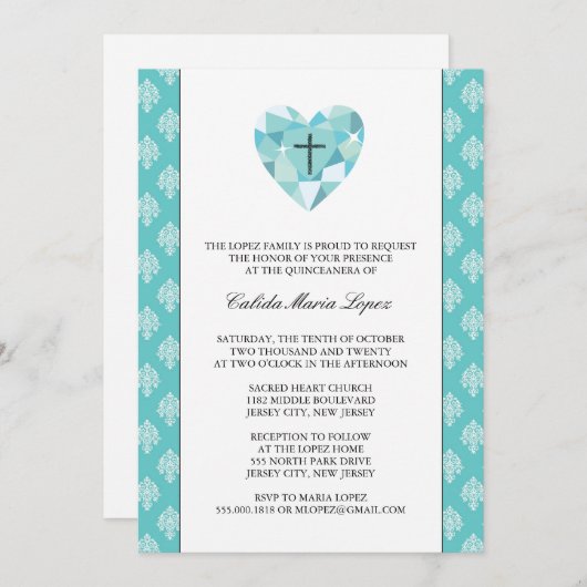 Invitations turquoises Damask Quinceanera (Devant / Derrière)