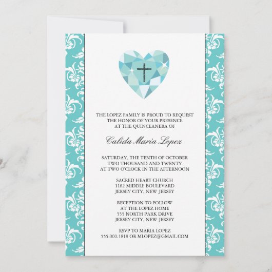 Invitations turquoises Damask Quinceanera (Devant)