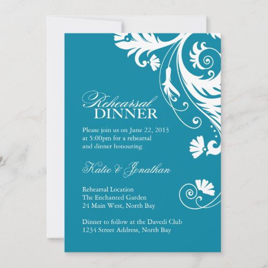 Invitations turquoises de dîner de répétition (Devant)