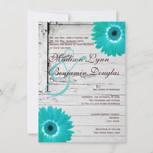 Invitations turquoises en bois rustiques de (Devant)