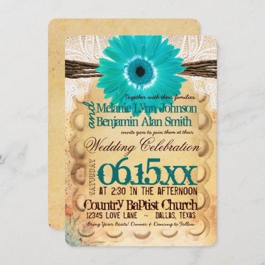 Invitations turquoises rustiques de mariage de (Devant / Derrière)
