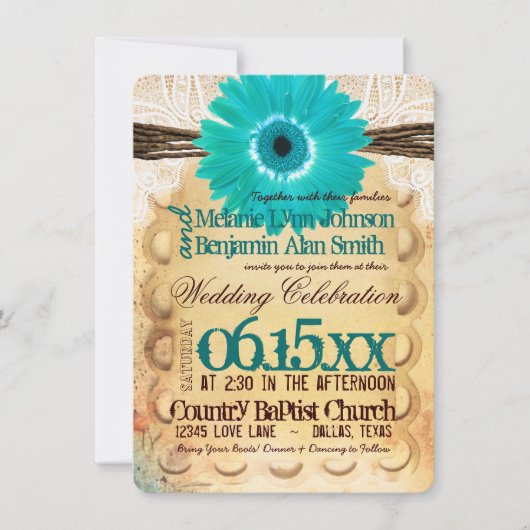 Invitations turquoises rustiques de mariage de (Devant)