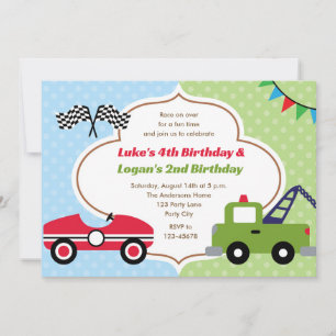 Invitations Twins Boy Birthday Race Car Tow Truck