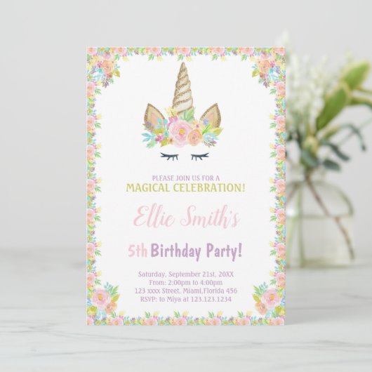 Invitations Unicorn 5e anniversaire (Debout devant)