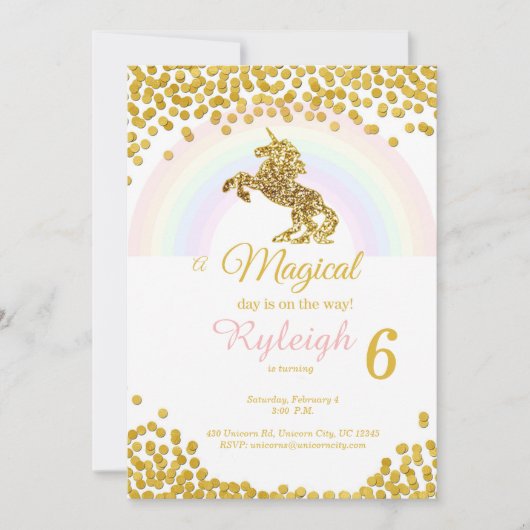 Invitations Unicorne en or (Devant)