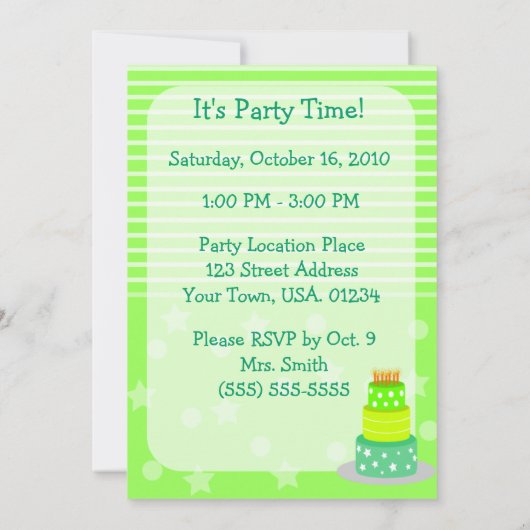 Invitations vertes de fête d'anniversaire de (Dos)