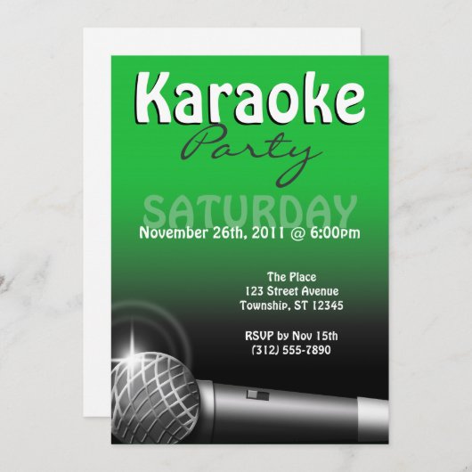 Invitations vertes du Karaoke Party (Devant / Derrière)