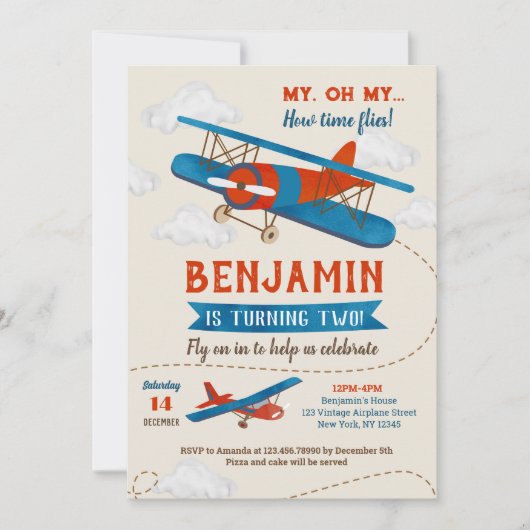 Invitations vintage avion 2e anniversaire (Devant)