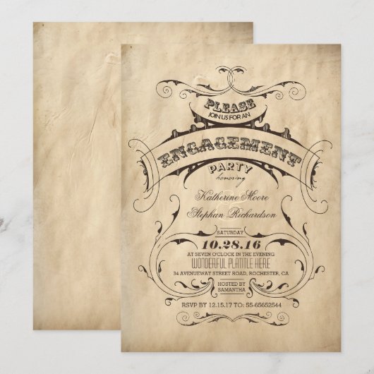 Invitations vintage Elegant Engagement Party (Devant / Derrière)