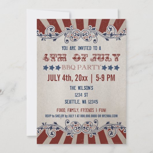 Invitations vintage Rustic 4 juillet BBQ Party (Devant)