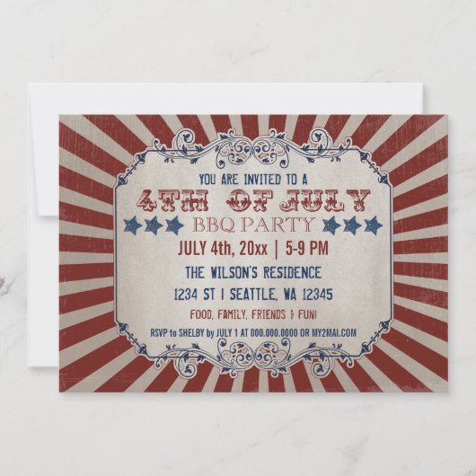 Invitations vintage Rustic 4 juillet BBQ Party (Devant)