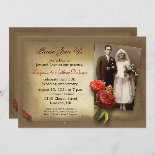 Invitations vintages à l'anniversaire mariage (Devant / Derrière)