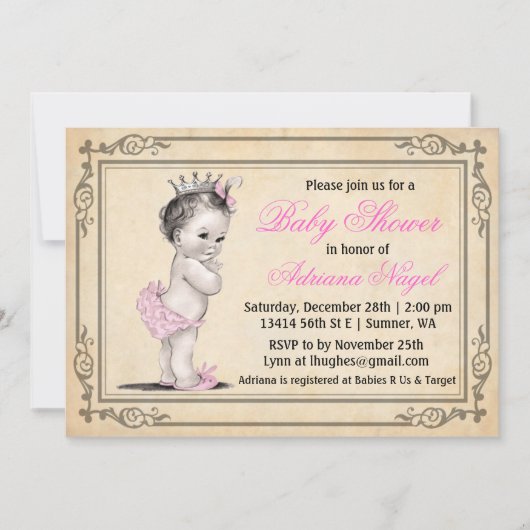 Invitations vintages de baby shower de princesse (Devant)