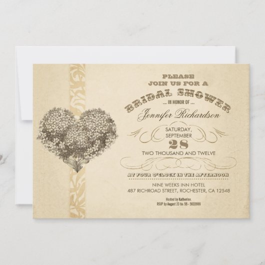 invitations vintages de douche nuptiale à coeur fl (Devant)