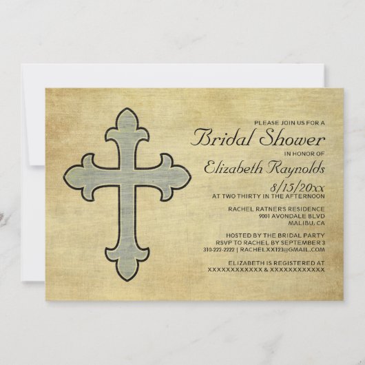 Invitations vintages de douche nuptiale Croix de f (Devant)
