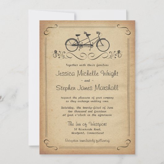 Invitations Vintages de mariage à bicyclette en ta (Devant)
