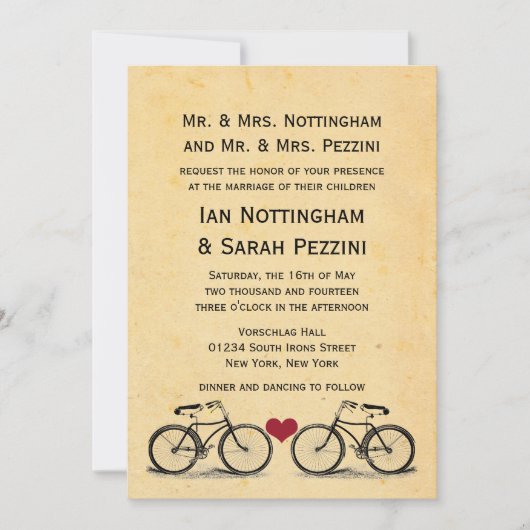 Invitations vintages de mariage à vélo (Devant)