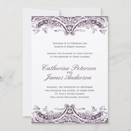 Invitations Vintages de mariage d'aubergines (Devant)