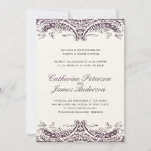 Invitations Vintages de mariage d'aubergines