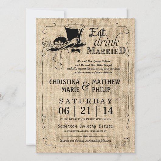 Invitations vintages de mariage de casquette (Devant)