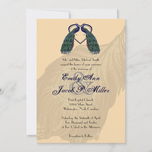 Invitations vintages de mariage de paon (Devant)