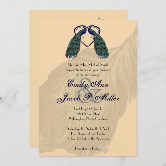Invitations vintages de mariage de paon (Devant / Derrière)