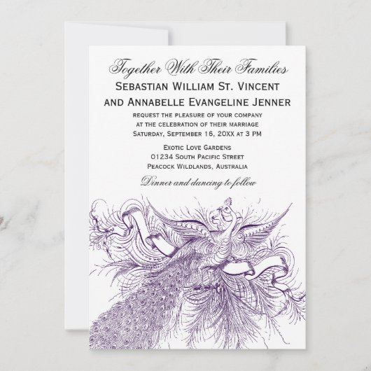 Invitations vintages de mariage de paon (Devant)