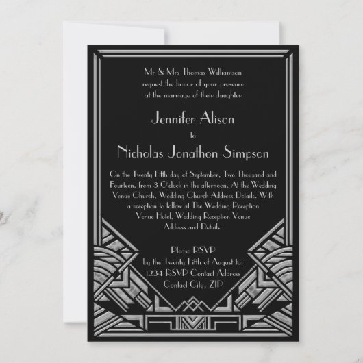 Invitations vintages de mariage de style de Gatsby (Devant)